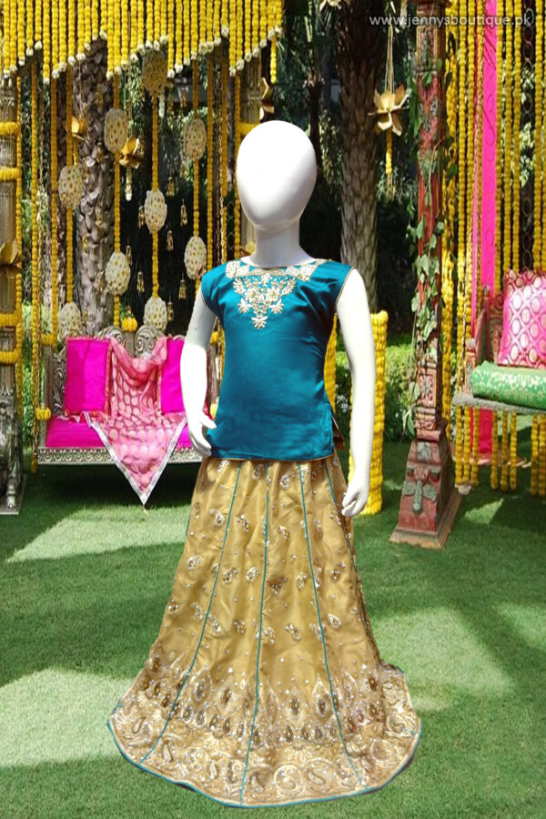 Teal & Gold Embroidered Lehenga Choli – Kids Collection