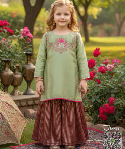 Alternative view of Handwork Gharara Suit – Pista Pink