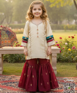 200225 Silk Gharara Suit – Offwhite Maroon