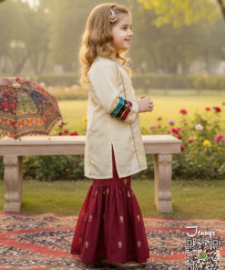 Alternative view of 200225 Silk Gharara Suit – Offwhite Maroon