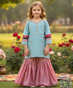 200225 Silk Gharara Suit – PowderBlue Tpink
