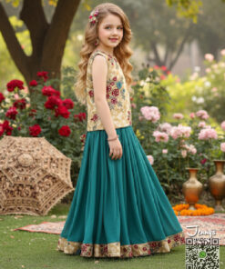 Valvet Beige Seagreen Short Silk Lehenga