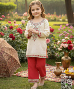 Cotton Trouser Kameez Embroided - Offwhite & Red