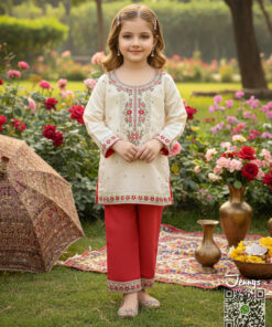 Alternative view of Cotton Trouser Kameez Embroided - Offwhite & Red